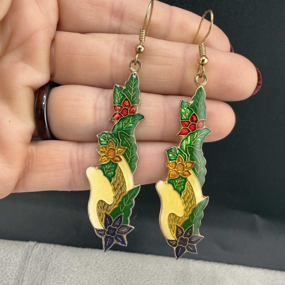 Vintage Cloisonne Dangle Earrings Pierced Gold Tone Enamel Flower